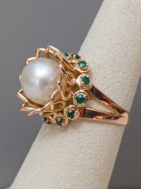 1950s French 18k Pearl & Emerald Blossom Ring – Eagle-Head Hallmarked